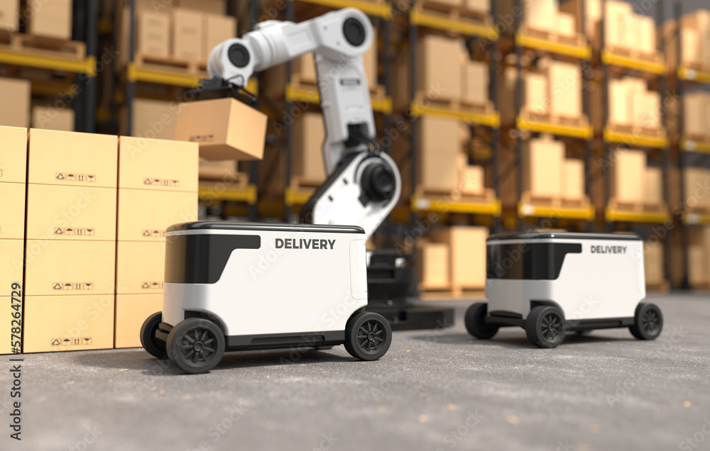 The Robot arm picks up the box Autonomous, The robot is delivering the goods, Autonomous delivery is