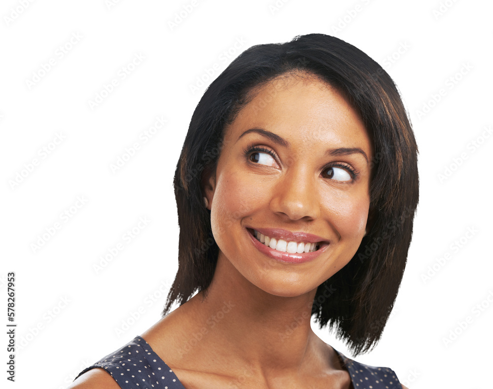 A black woman looks sideways at the copy space, with a smile that showcases her healthy teeth and re