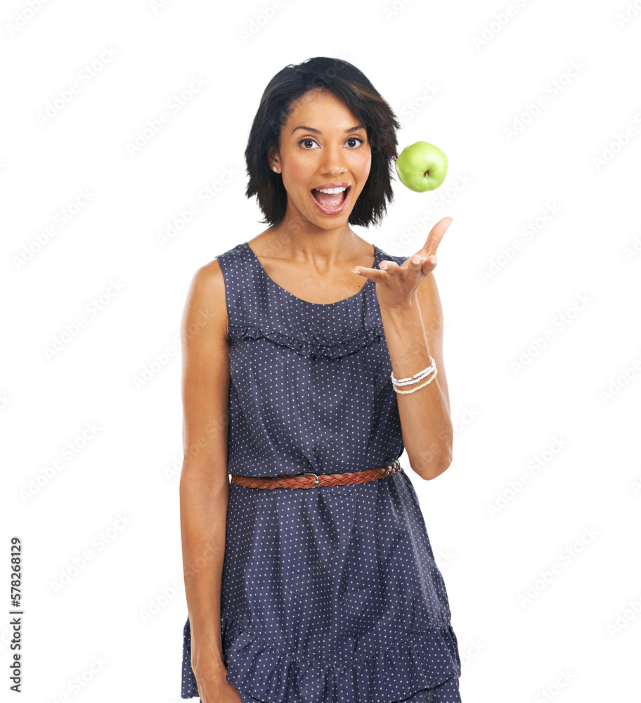 An elegant black woman,  joyfully tosses an apple into the air, acknowledging its vital role in prov