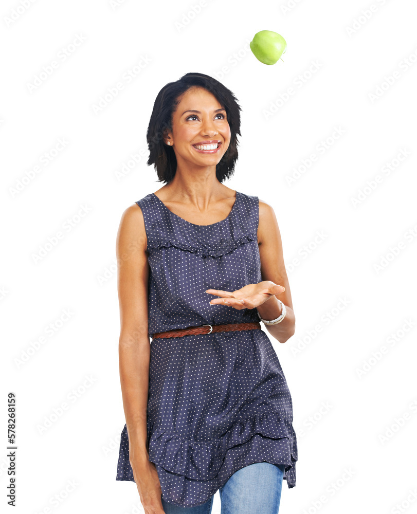 With a smile on her face, the stylish black woman tosses an apple into the air, appreciating its rol