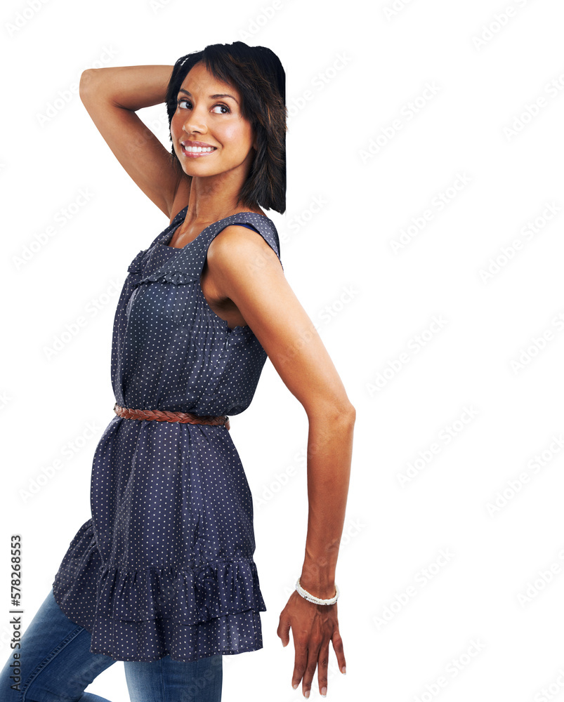 An attractive young female or black woman leaning on the wall, creating an eye-catching pose that is