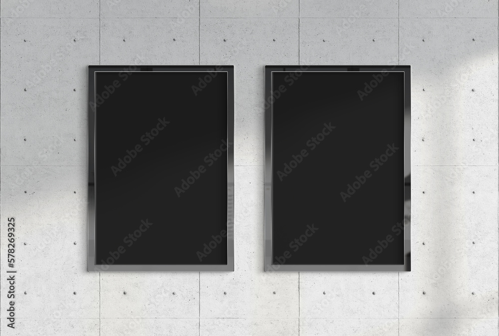 Two billboards hanging on a sunlit wall mockup. Template of frames bathed in sunlight 3D rendering