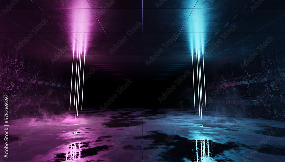 Futuristic blue and pink neon lights interior. Cyber neon laser tubes in garage room hangar. Sci fi 