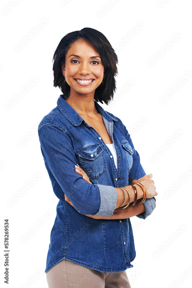 A happy smiling black entrepreneur woman standing with confidence and arms crossed and styling denim