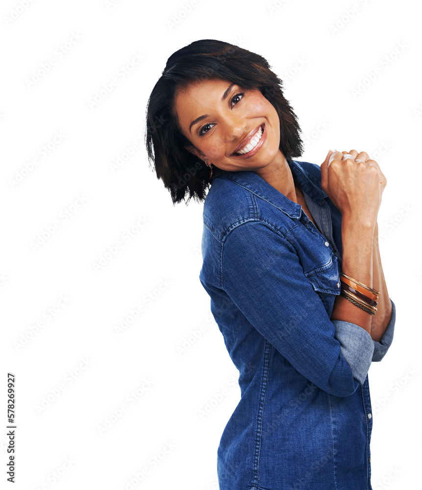 A stylish and charming modern Black woman, clad in fashionable denim, strikes a delightful pose with