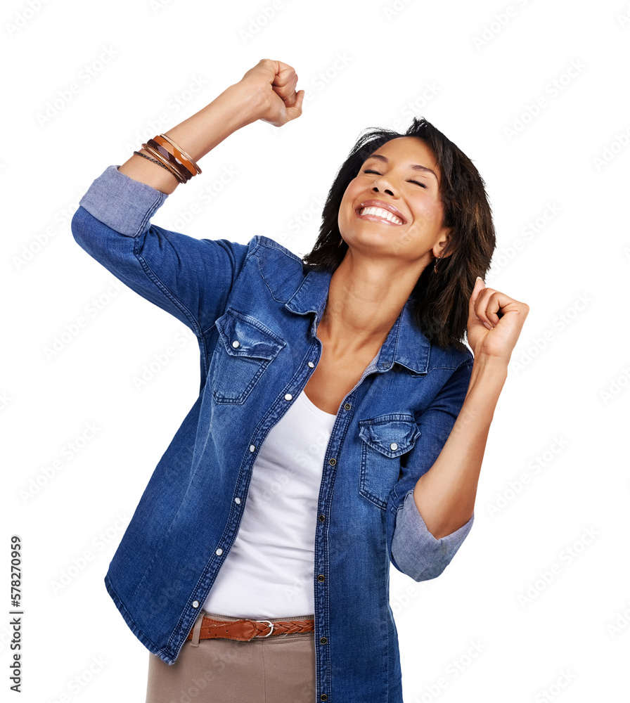 A female model, brimming with excitement, displaying pride and confidence, celebrates a successful w