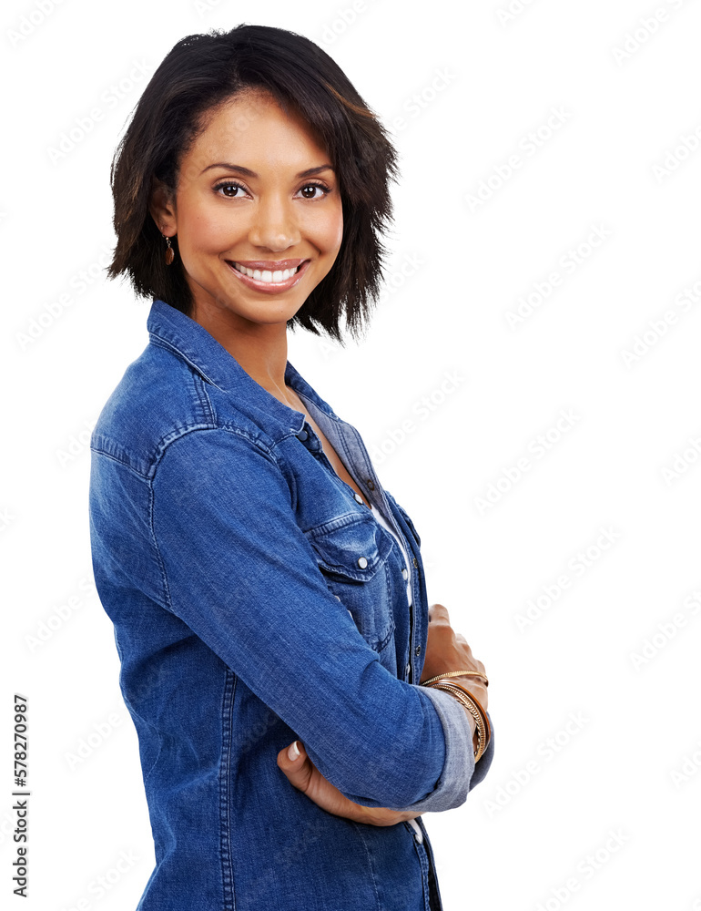 A female model radiating confidence and success stands with crossed arms and dons a stylish denim fa