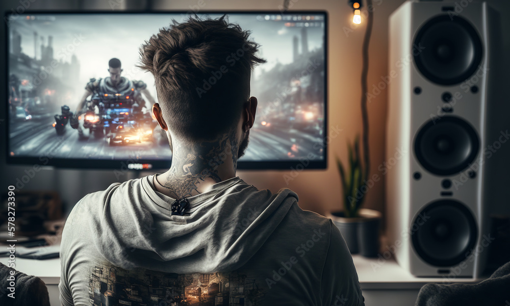 Man playing video games in his room. Back view of a gamer sitting in front of a monitor. Nice natura