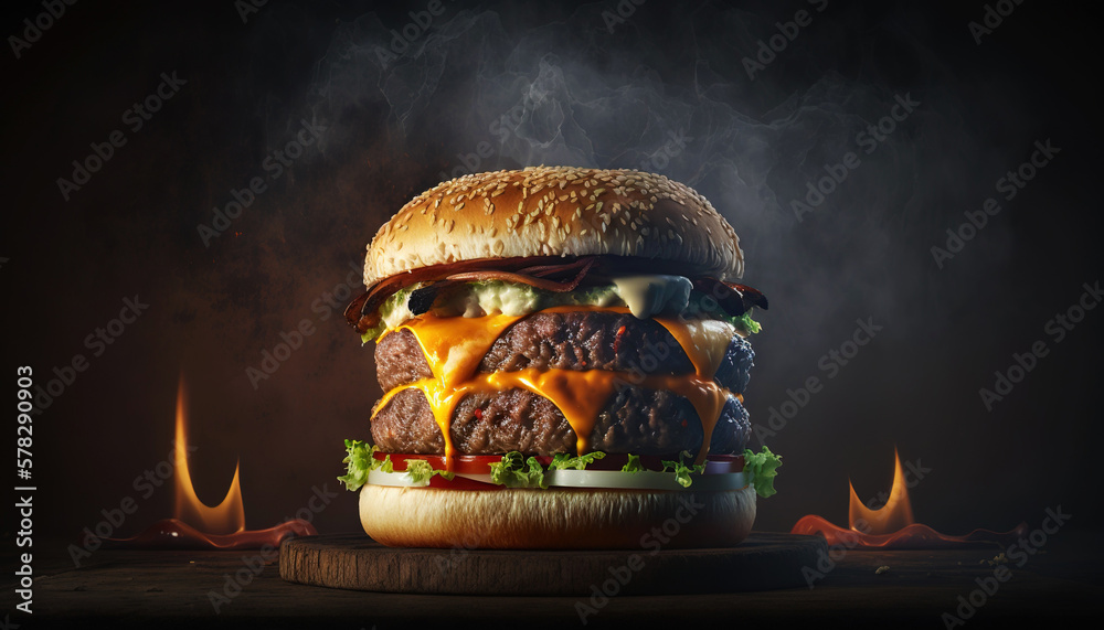 Super delicious hamburger with fresh vegetables on dark background. Generative AI