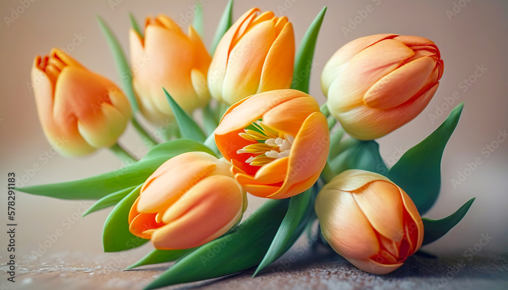 Bouquet of yellow tulips on pastel background. Generative AI