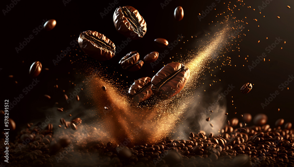 Roasted coffee beans. Brown smoke of coffee aroma. Generative AI