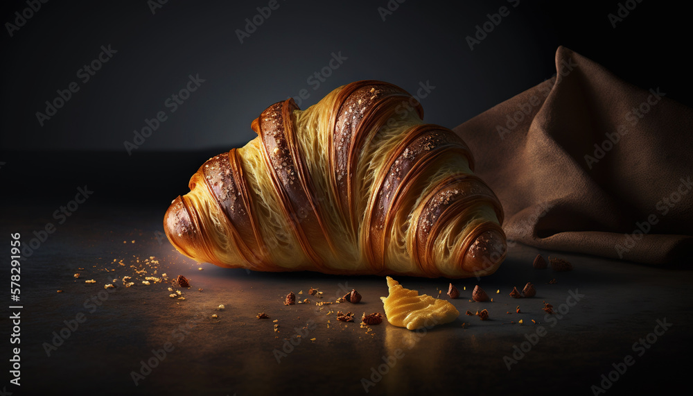 Super delicious freshly baked croissant on dark backdrop. Generative AI