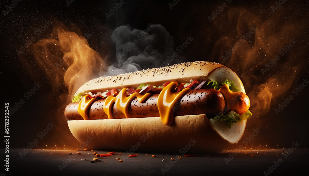 Super delicious hot dog with mustard and vegetables on dark background. Generative AI