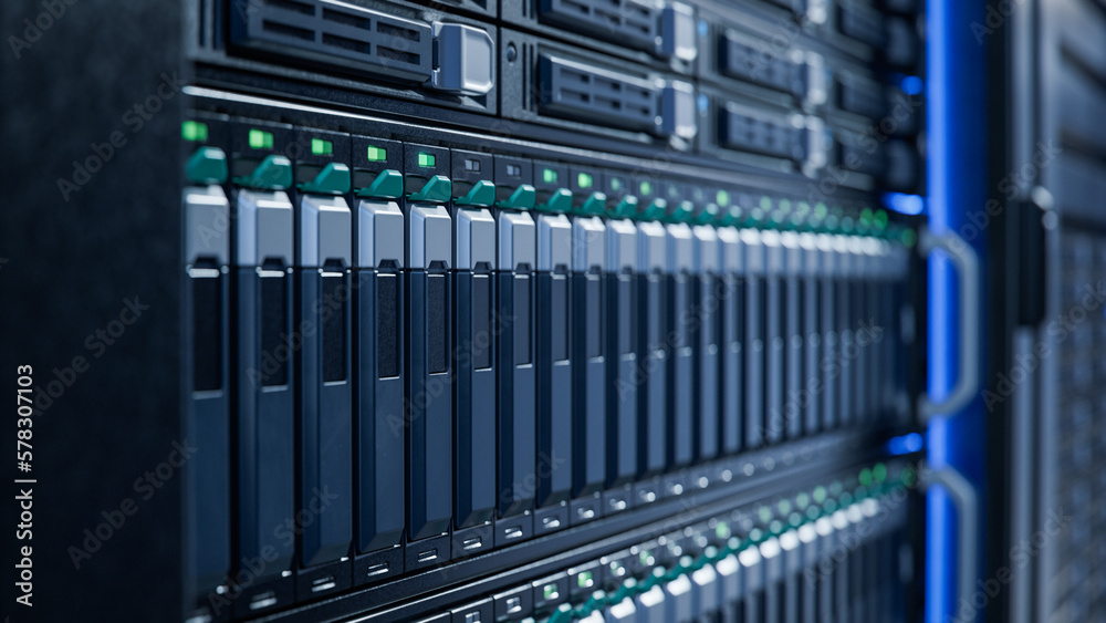 Close-up of Server Rack with Hard Drives in Modern Datacenter. Advanced Cloud Computing and Machine 