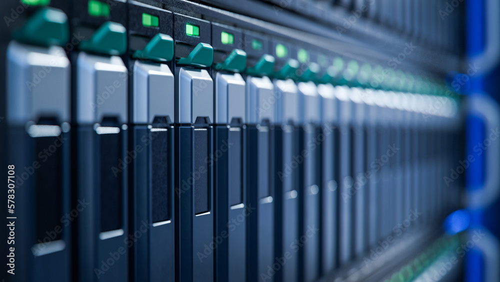 Close-up of Server Rack with SSD in Modern Datacenter. Advanced Cloud Computing and Machine Learning