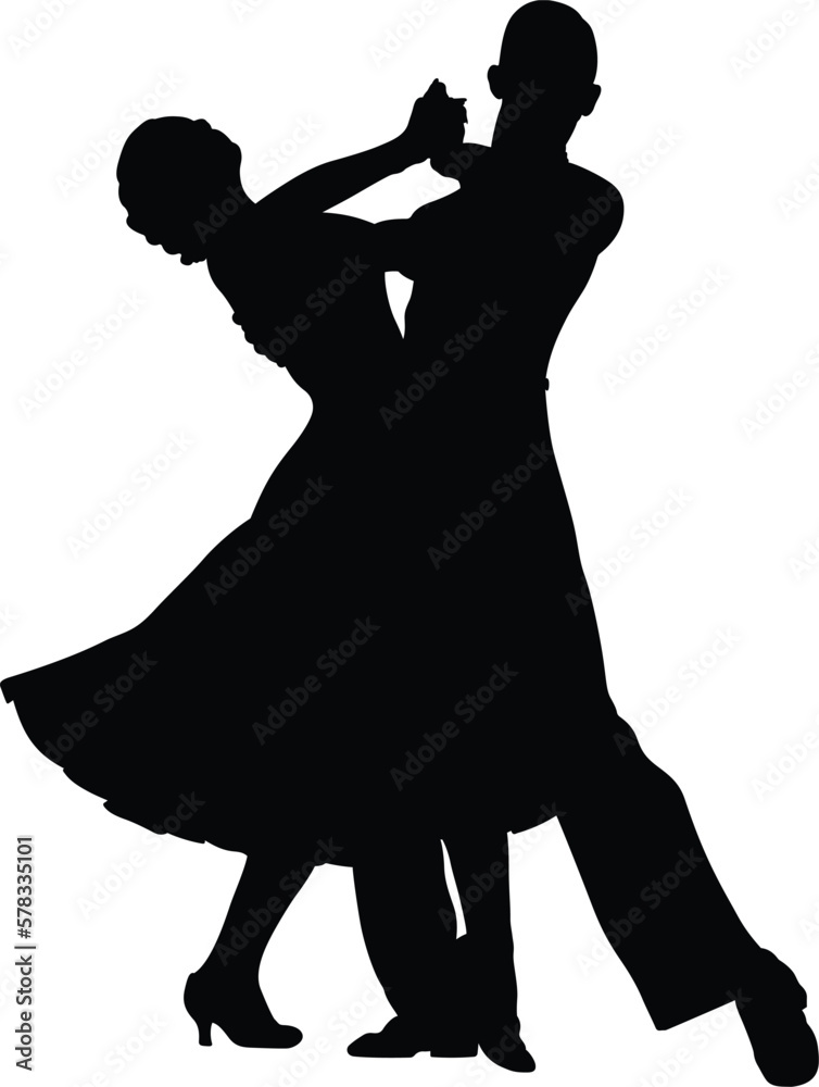 couple dancer dancing viennese waltz, black silhouette on white background, vector illustration