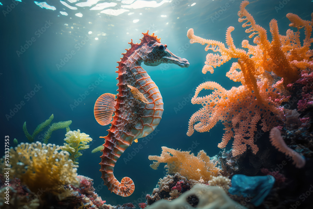 Image for 3d floor. Underwater world. Seahorse. corals. (ai generated)