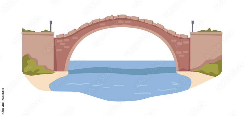 Arched ancient bridge connecting river banks. Isolated old architecture or historical sign. Overpass