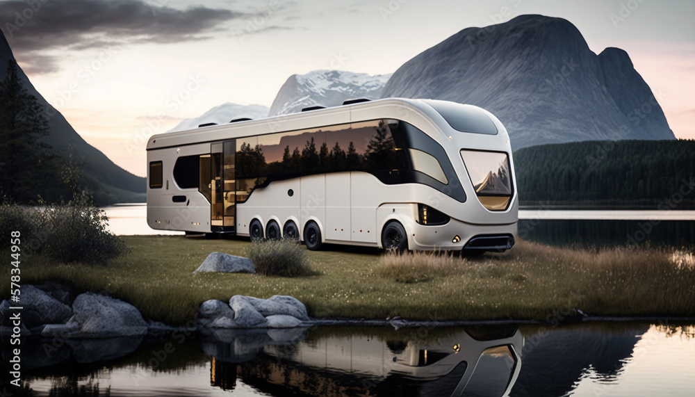 Modern Motorhome with a futuristic design parked on a beautiful and serene lakeside, generative ai