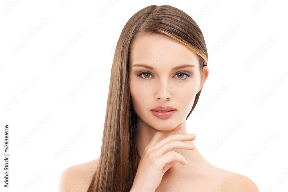 A beauty model or woman with a brunette brown color hairstyle and elegant makeup isolated on a PNG b