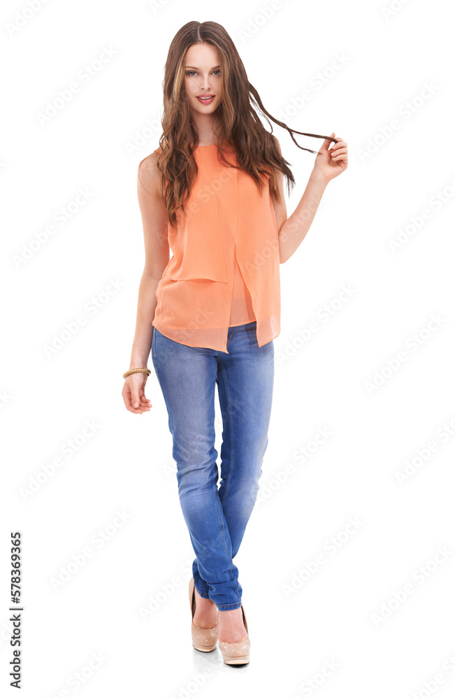 The prettiest woman with an orange fabric shirt and jeans trendy shoes standing with a confident sty