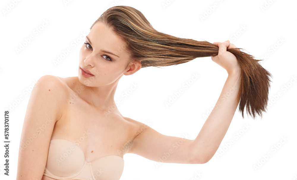 A natural beauty woman grooming her routine of luxury treatment of healthy scalp and posing by pulli