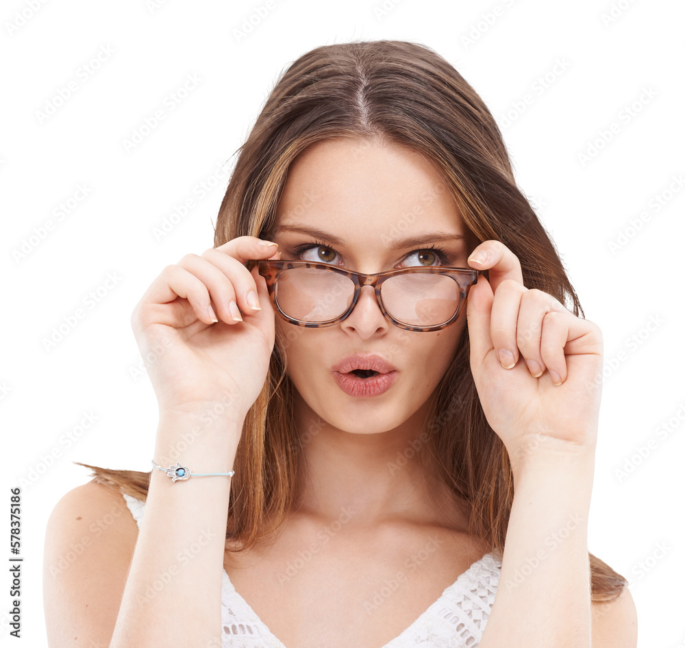 The millennial girl casts an alluring gaze while peering through her trendy eyewear isolated on a PN