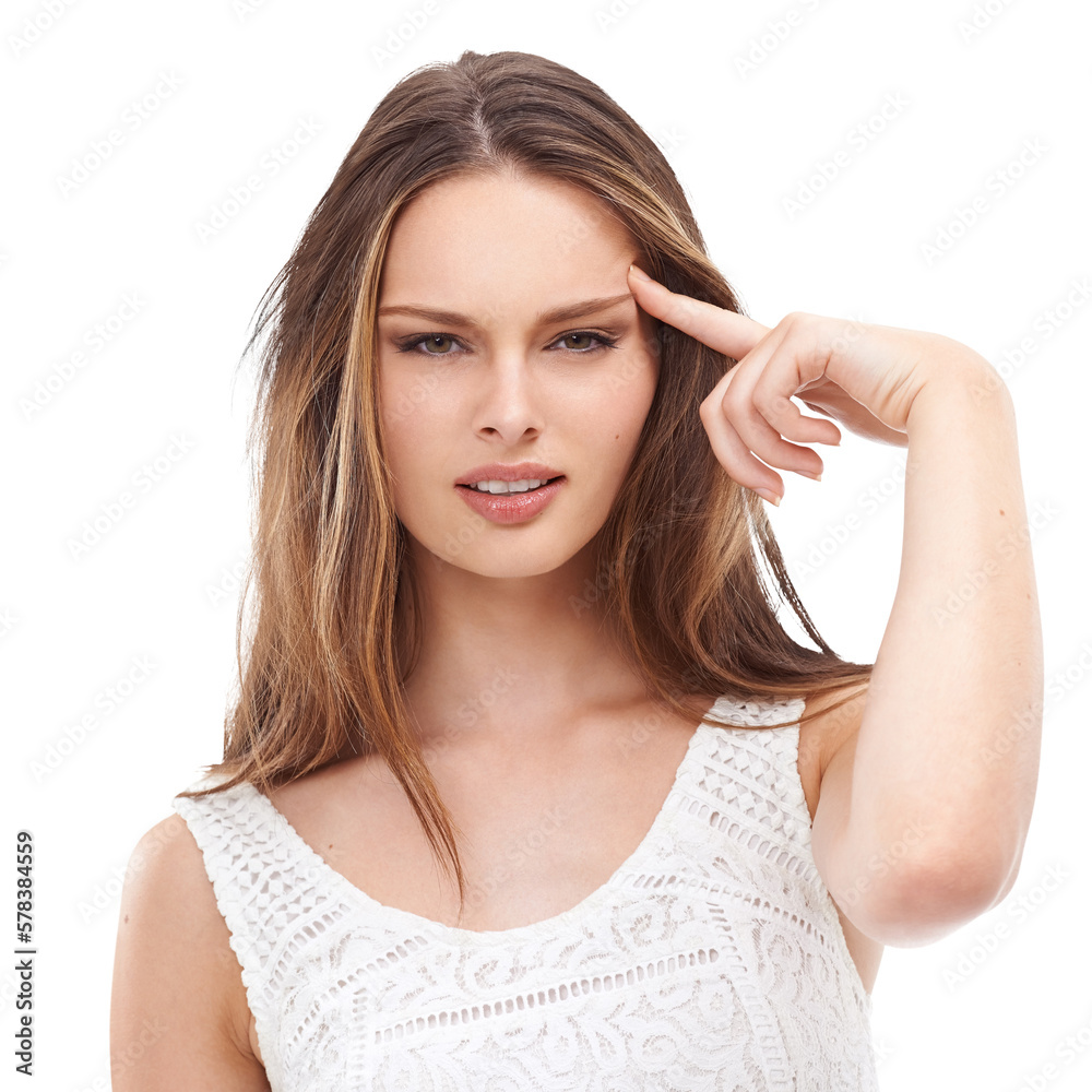 A model woman pointing and thinking about the ideas for marketing and advertising  isolated on a png