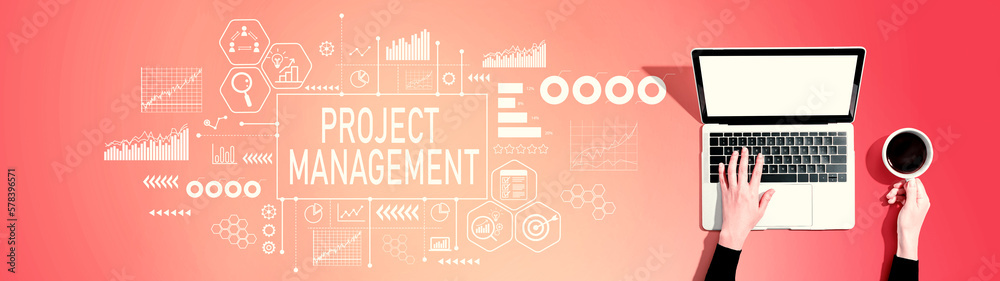 Project management theme with person using a laptop computer