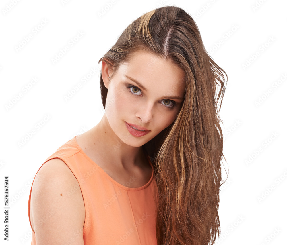 A stylish young woman or fashion model promoting high-end keratin treatments, shampoos, cosmetics, a