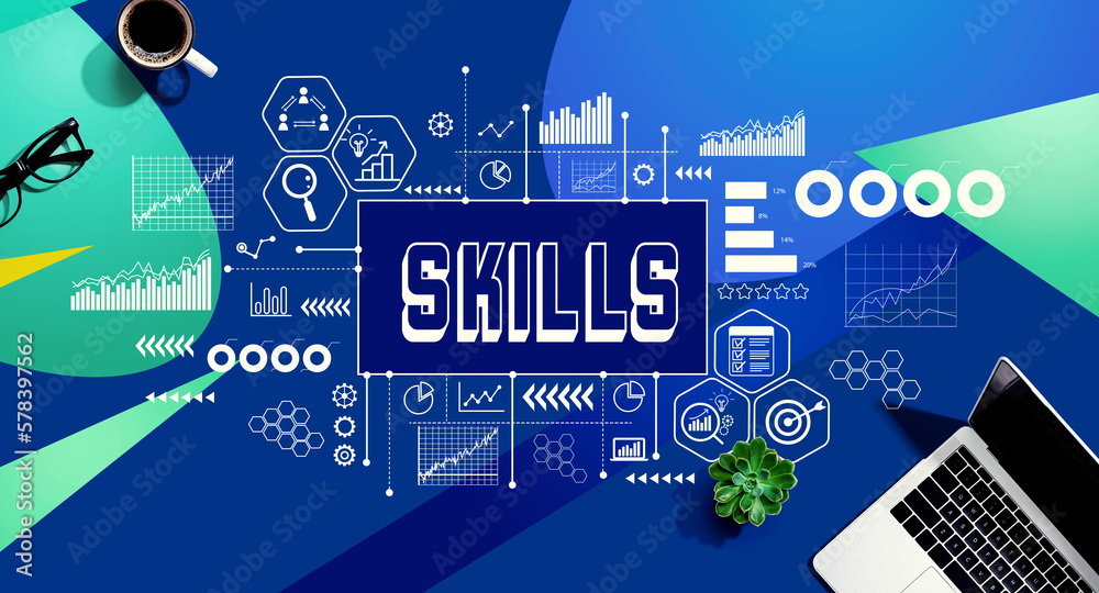 Skills theme with a laptop computer on a blue and green pattern background