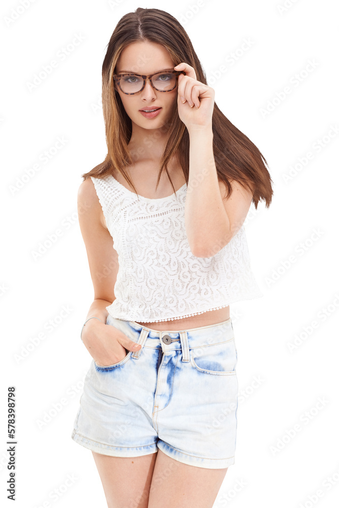 A fashion model poses confidently while wearing stylish eyewear from an optician, promoting the impo