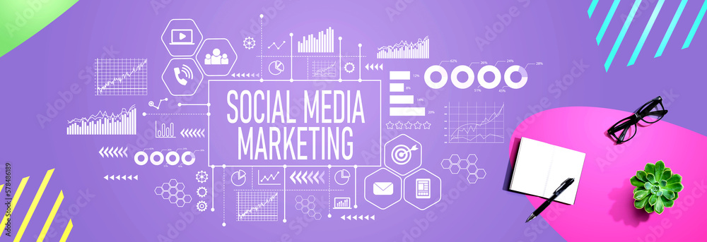 Social media marketing theme with a notebook and a pen