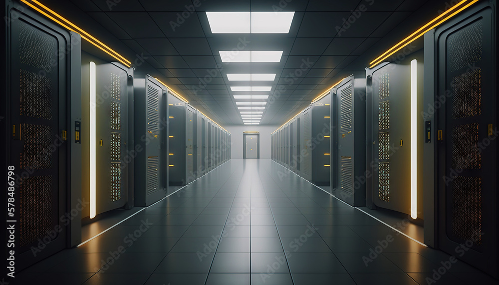 Data center with rows of servers. Big data storage room with many blinking lights. Generative AI