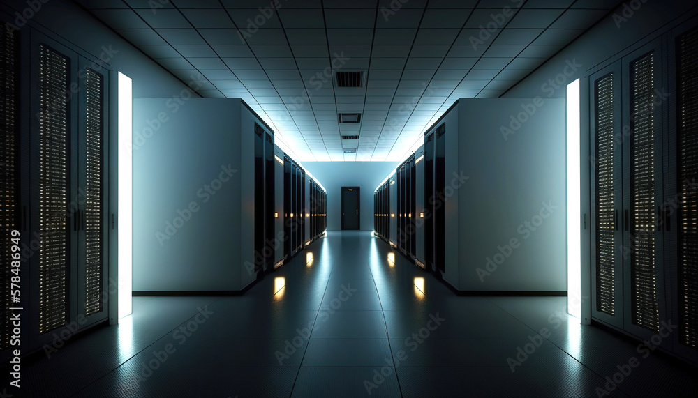 Data center with rows of servers. Big data storage room with many blinking lights. Generative AI