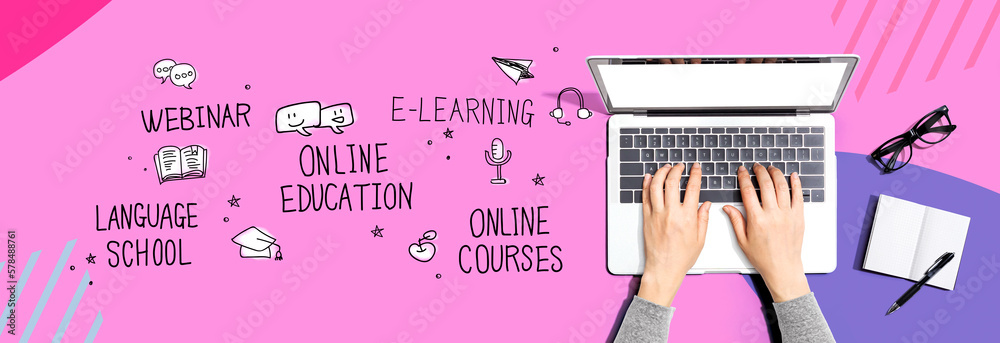 Online education theme with person using a laptop computer