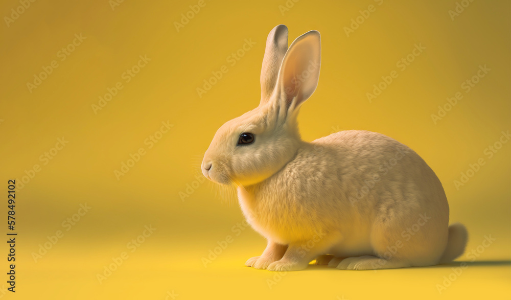 Cute little rabbit sitting on uniform yellow floor background. Generative AI