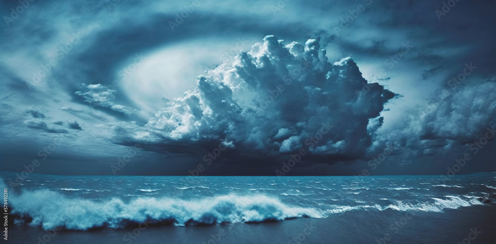 Sea horizon under a blue sky with storm clouds. Generative AI