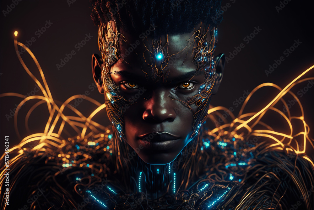 Male android portrait of artificial intelligence avatar. Wires and tech pieces on cyborg head. Gener