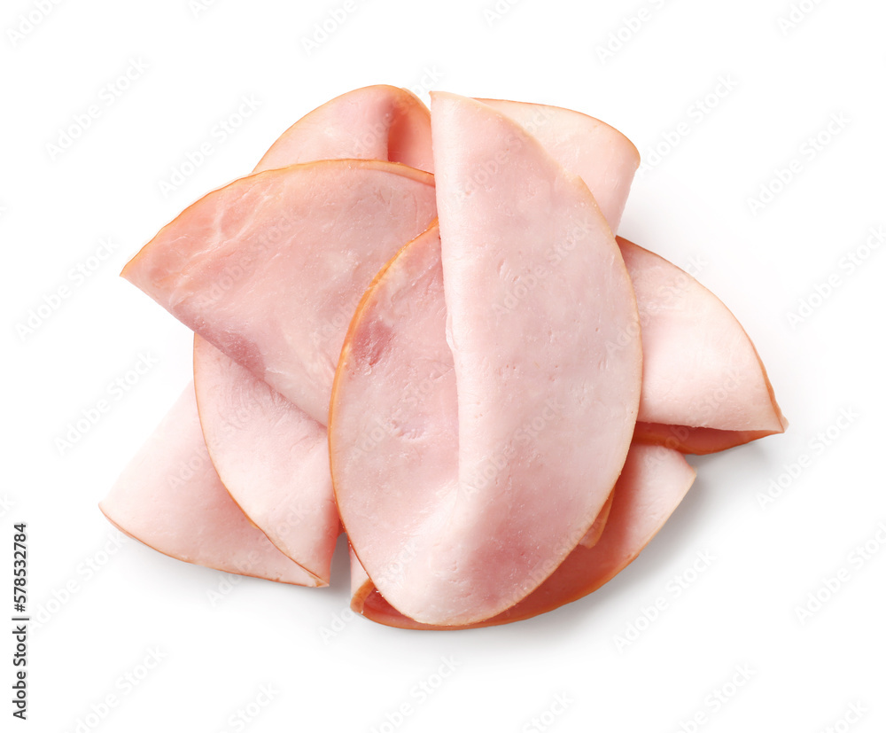 Delicious ham slices isolated on white background