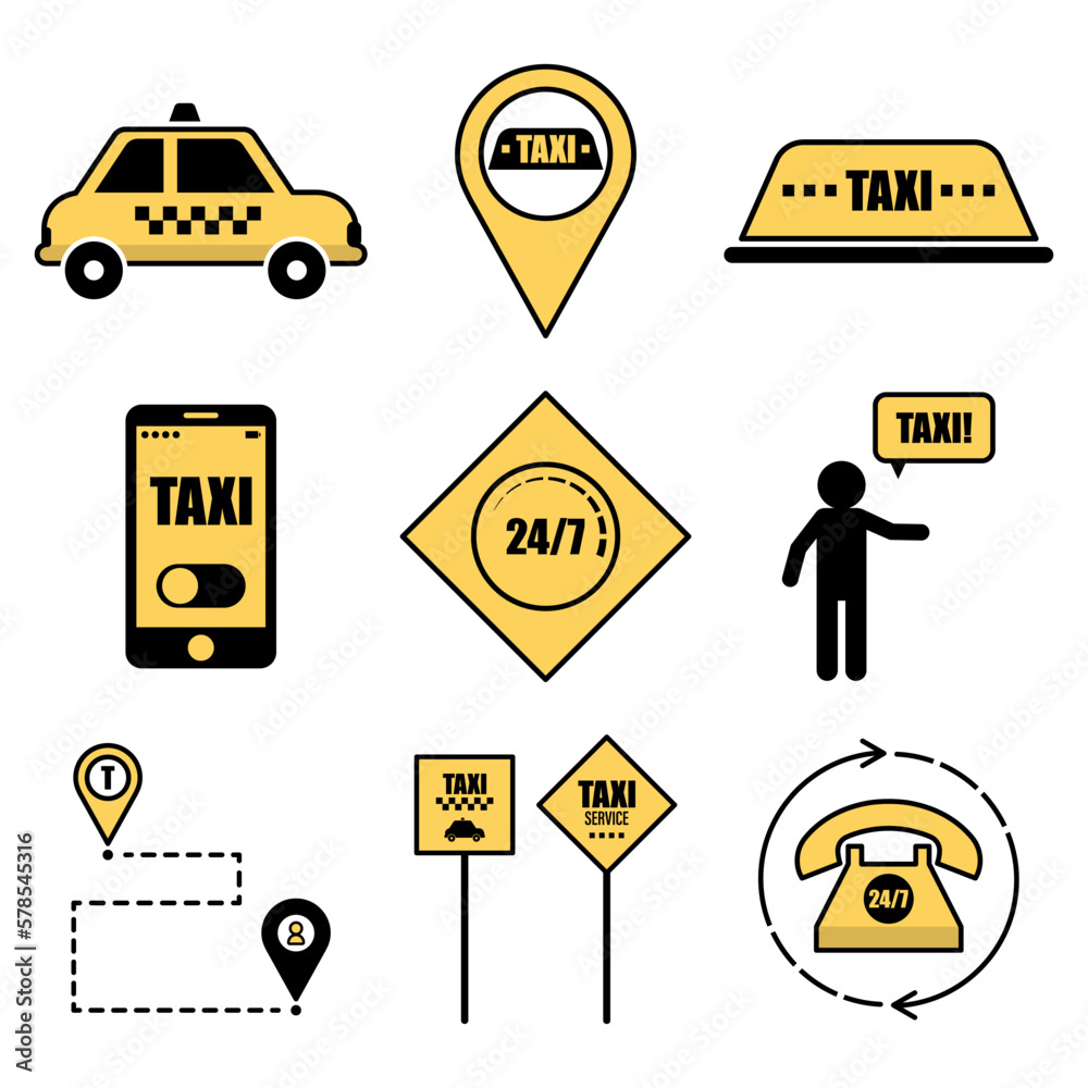 Set of icons for taxi website on white background