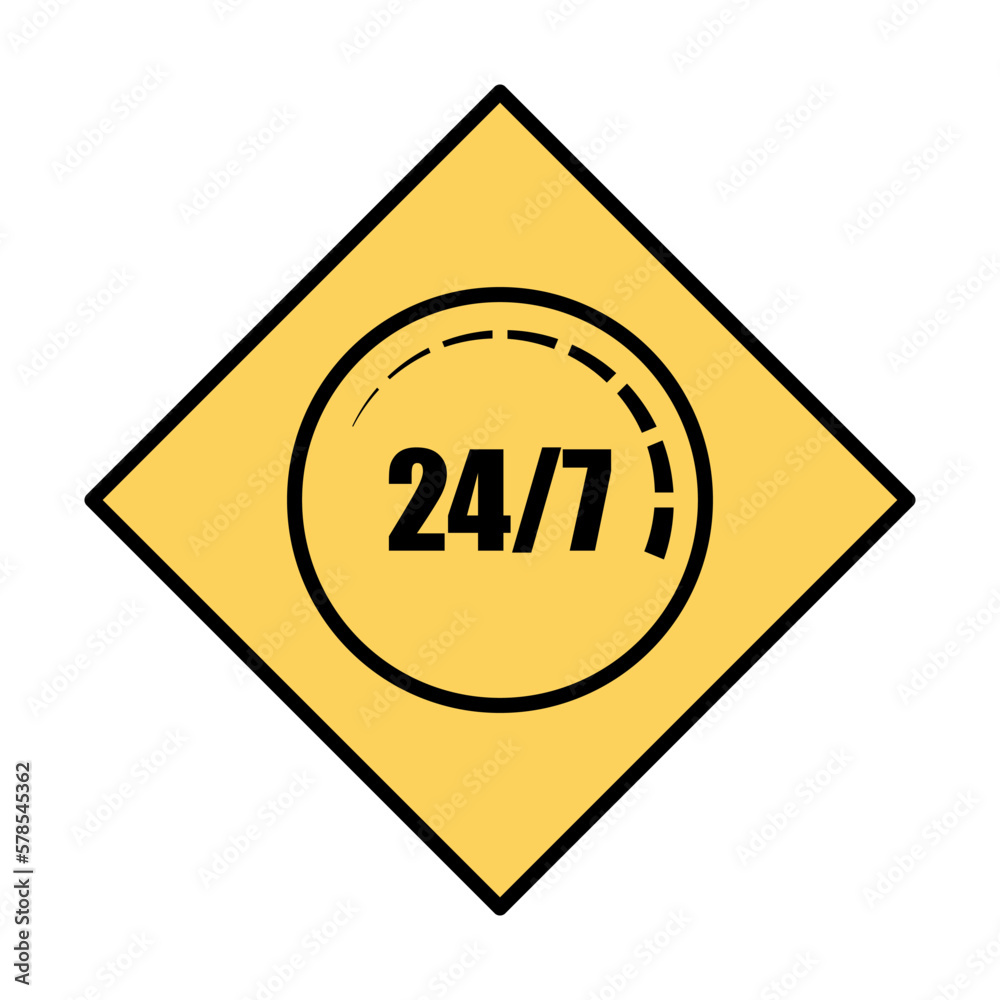 24/7 yellow sign on white background