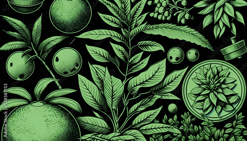 Eco elements in a green color scheme, arranged in a decorative etching style drawing. Generative AI