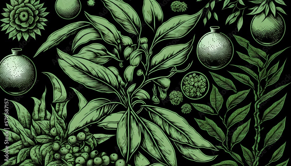 Eco elements in a green color scheme, arranged in a decorative etching style drawing. Generative AI