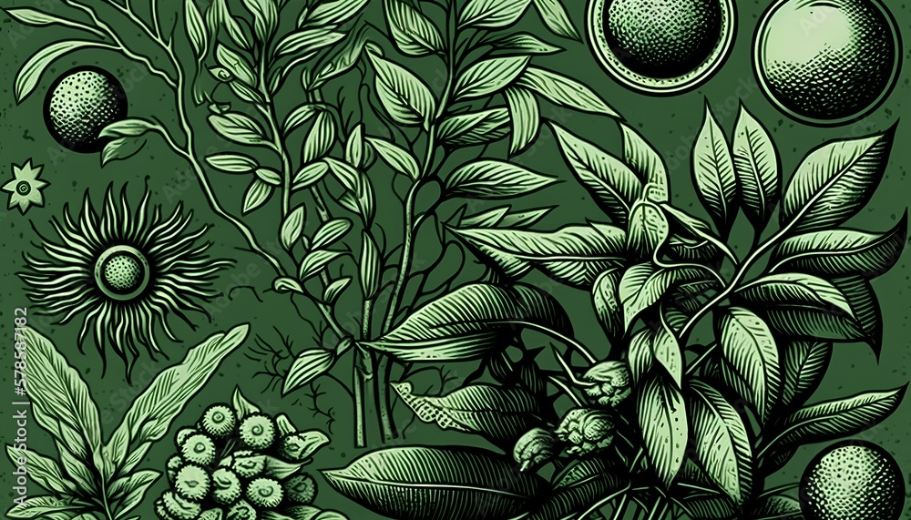 Eco elements in a green color scheme, arranged in a decorative etching style drawing. Generative AI