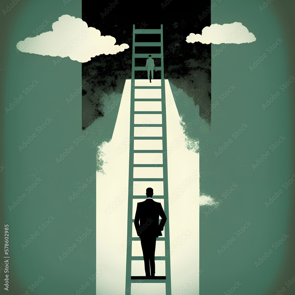 Businessman climbing the success ladder in an illustrated image. Each rung represents a milestone in