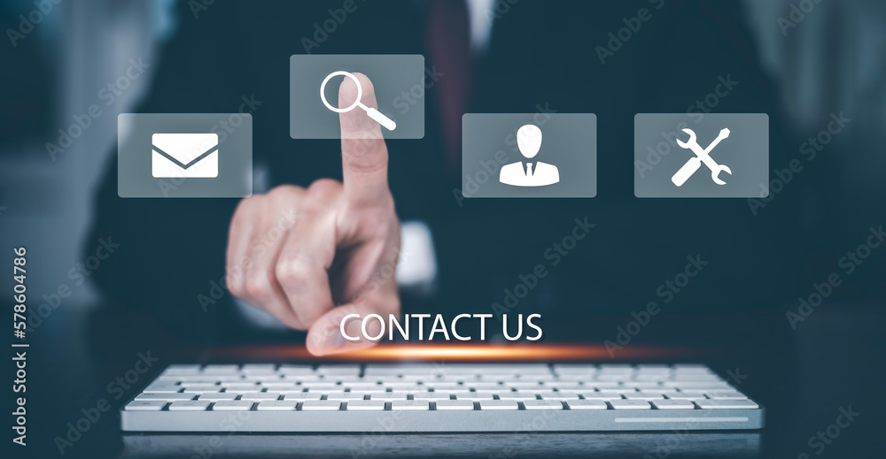 Communication and Contact us or Customer support hotline people connect. Hand using a laptop and tou