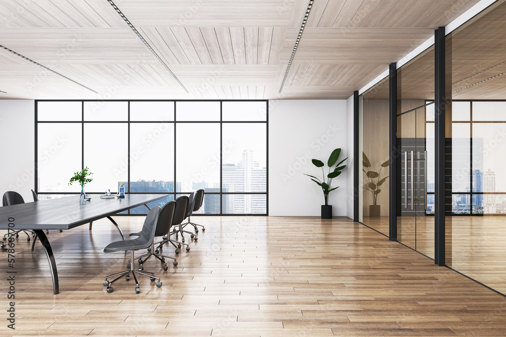 Side view on dark empty conference table and dark chairs around on wooden parquet floor in sunlit me