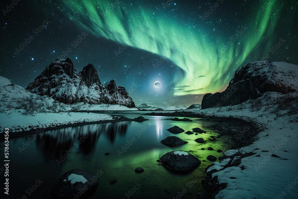 A stunning shot of the Northern Lights (Aurora borealis) with a starry night sky in the background, 