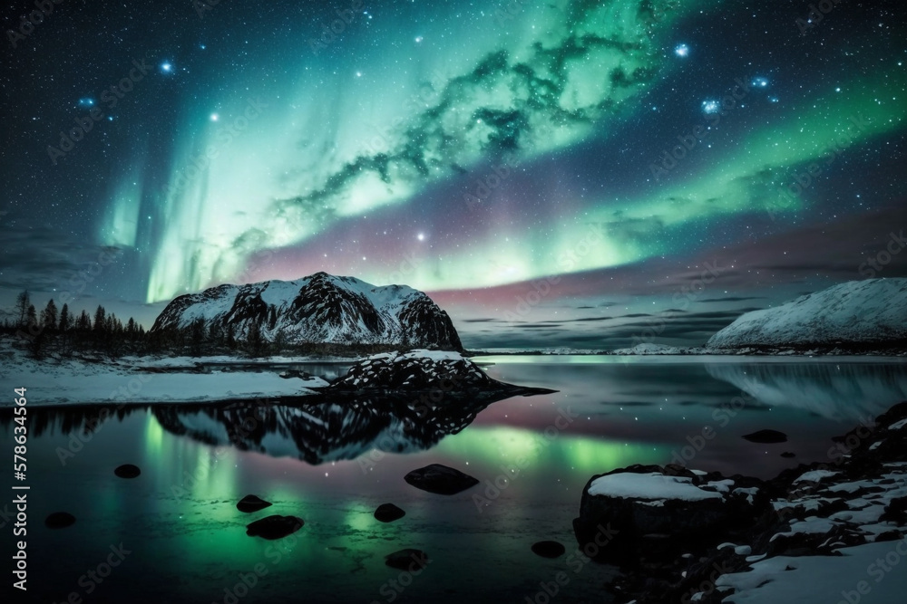 A stunning shot of the Northern Lights (Aurora borealis) with a starry night sky in the background, 